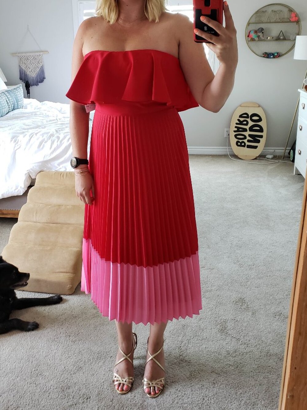 Aidan Mattox - Red Pleated Tea Dress Strapless Flouncy Popover